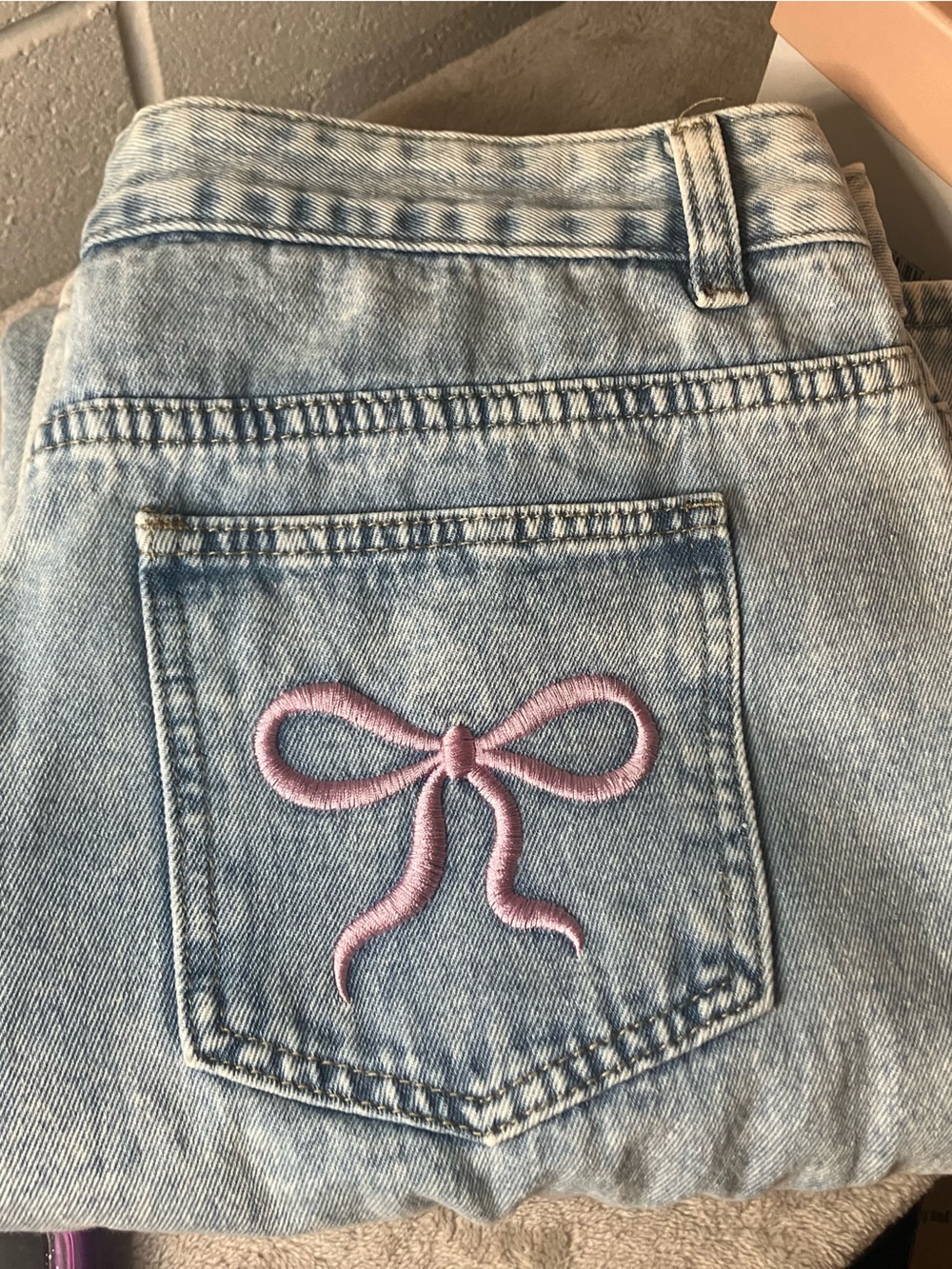 Light Blue Women's Denim Overalls with Pink Bow Embroidery